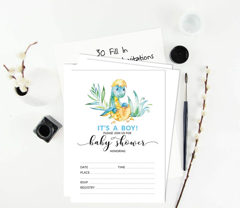 Inkdotpot 30 Fill in Style Baby Shower Invitation Cards Dinosaur Gender Reveal Blank Invites - Image 5